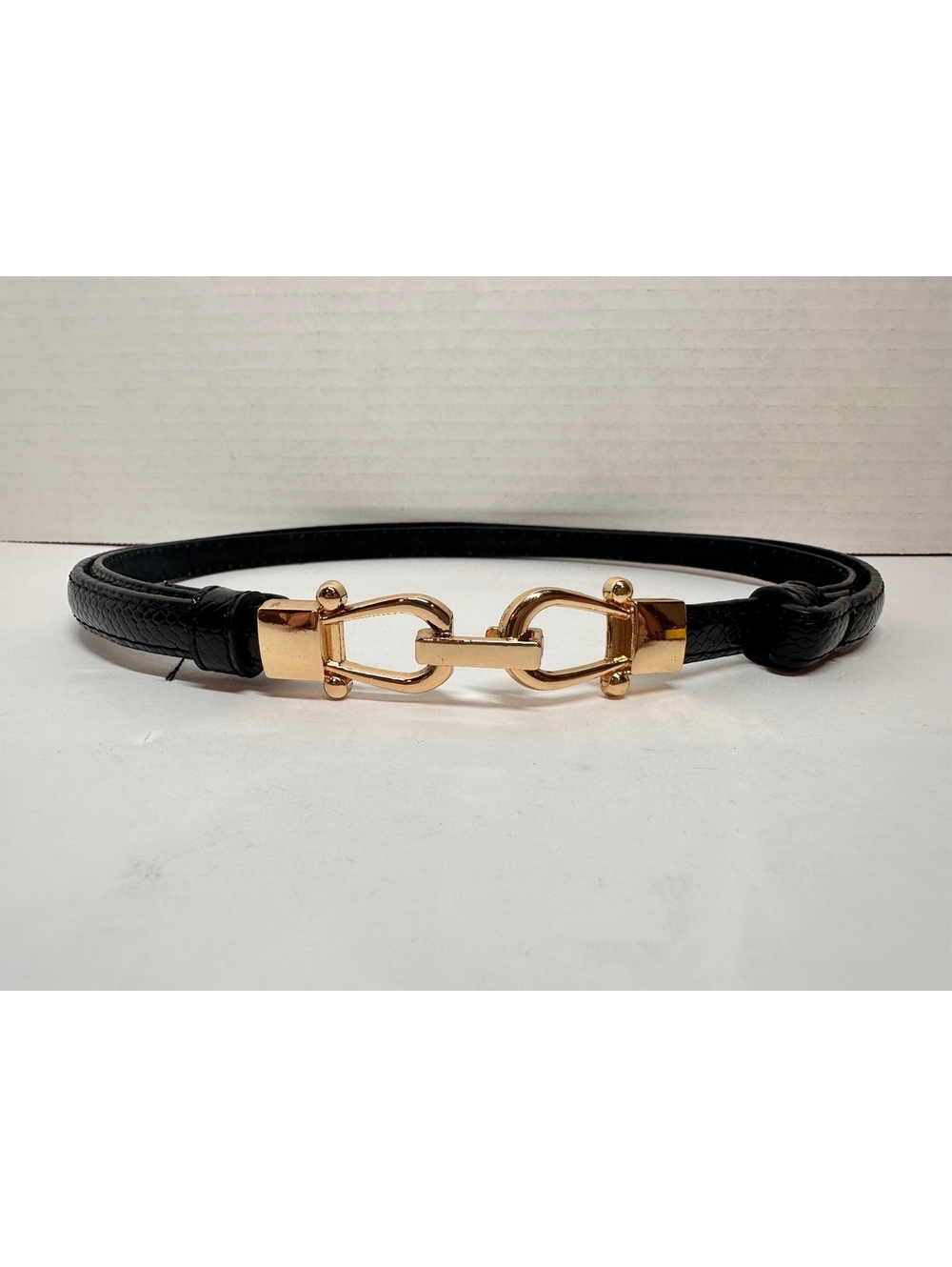 Skinny Black Snakeskin Pattern Adjustable Leather Belt Gold Horsebit Buckle